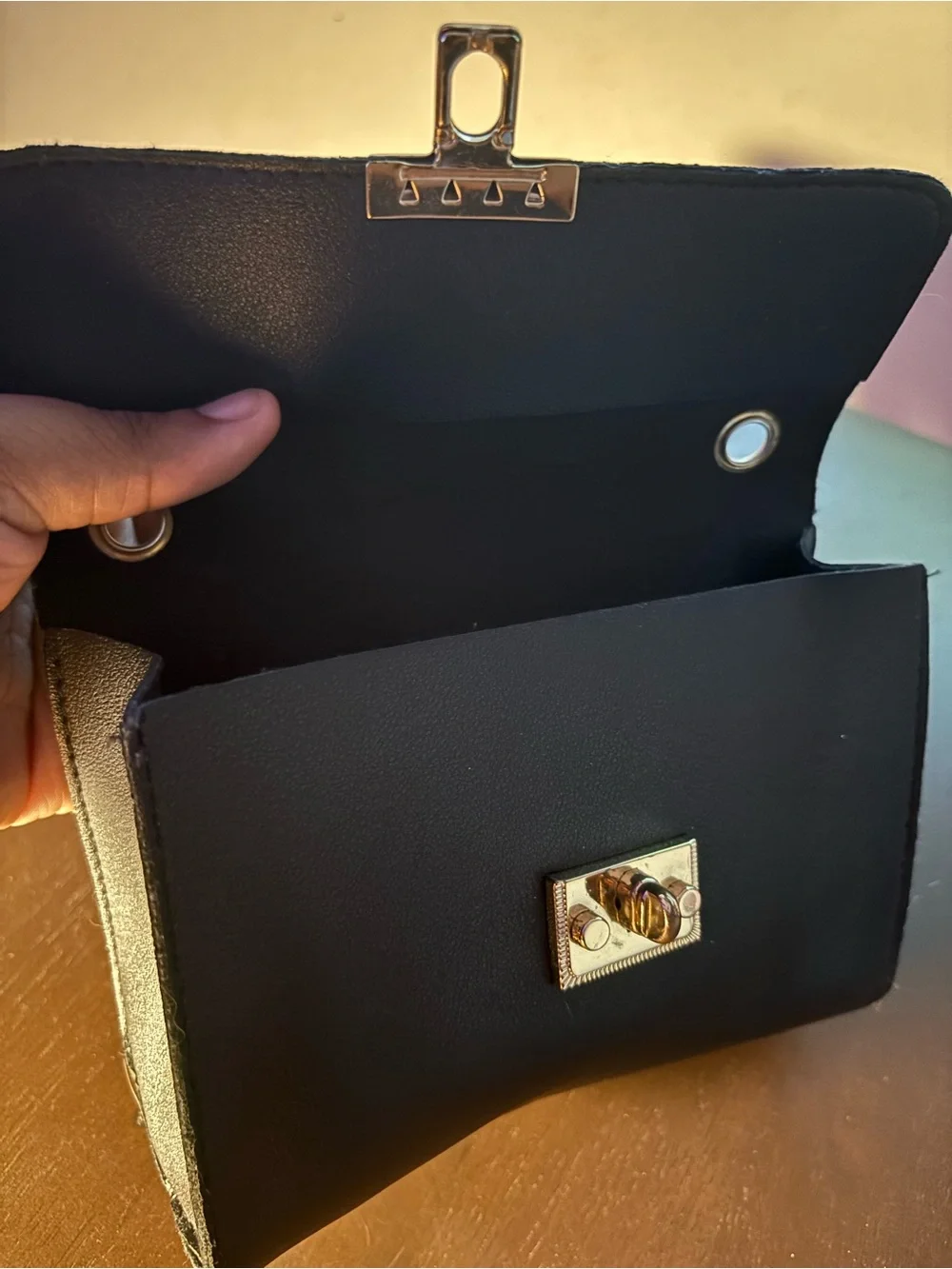 Black Faux Leather Clutch Purse | Gold- Tone Clasp | Missing Chain